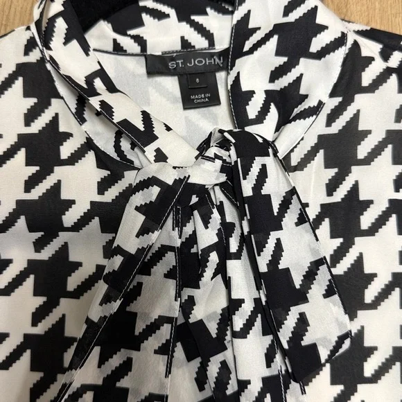 St. John Silk Houndstooth Blouse with tie bow. Size 8 Like New - Picture 2 of 4